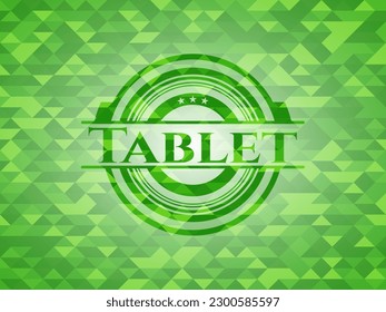 Tablet green emblem with triangle mosaic background. Vector Illustration. Detailed. 