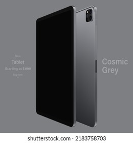 tablet grey color with black touch screen saver and backside view isolated on gray background. mockup of realistic and detailed device. vector 3d isometric illustration