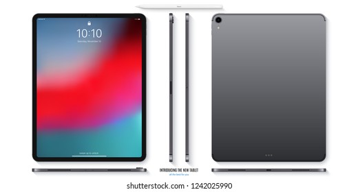 tablet grey color with colored touch screen saver and stylus with shadow top view isolated on white background. realistic and detailed device mockup. stock vector illustration
