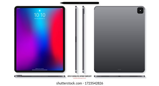 tablet grey color with colored touch screen saver and stylus top view isolated on white background. flat lay realistic and detailed device mockup. stock vector illustration