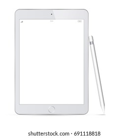 tablet grey color and pencil or stylus isolated on white background vector illustration. Realistic tablet pc computer with blank screen.
