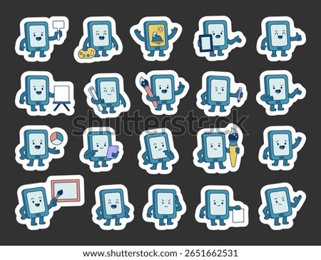 Tablet guide character set showing various educational and emotional poses with signs, tools, chart, and gestures for communication and instruction for yours illustration and creative designs projects