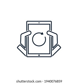 Comprimido en la mano, flecha en círculo. El concepto de actualizar el software, cargar datos, información, mejorar el rendimiento del gadget. Icono del vector aislado en fondo blanco.
