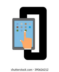 Tablet and hand. Autopilot for your tablets. Business arm in  jacket makes calculations 