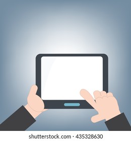 tablet in hand and blank white screen for web and mobile applications, mobile technology background concept, illustration vector in flat design
