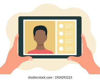 Tablet in hand, chat online. The concept of virtual communication. Vector illustration in a flat style isolated on a white background.