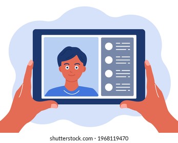 Tablet in hand, chat online. The concept of virtual communication. Vector illustration in a flat style isolated on a white background