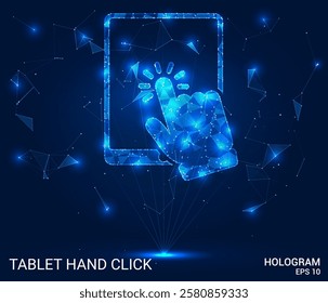 Tablet hand click hologram. Tablet hand click is made of polygons, triangles, dots, and lines. Tablet hand click is a low-poly compound structure. Technology concept vector.