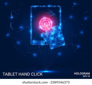 Tablet hand click hologram. Tablet hand click is made of polygons, triangles, dots, and lines. Tablet hand click is a low-poly compound structure. Technology concept vector.