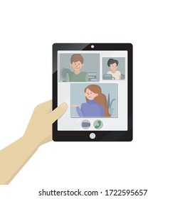 Tablet in hand. Concept for distance learning and webinar, videoconferencing. Screen of the tablet. Concept for announcing an online event.