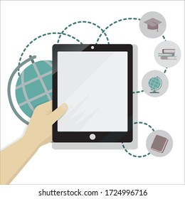 Tablet in hand. Concept for distance learning and webinar, videoconferencing. Screen of the tablet. Concept for announcing an online event.