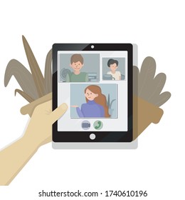 Tablet in hand. Concept for distance learning and webinar, videoconferencing. Screen of the tablet. Concept for announcing an online event.
