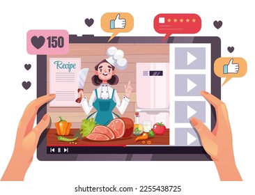 Tablet in hand cook class vector virtual show food cooking tutorial tv lesson video online concept. Vector cartoon graphic design element illustration