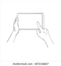 Tablet In Hand Flat Illustration. Hand Holding Black Tablet
And Touching Tablet Screen. Man Holding Tab Smartphone. Online Payment By Table Computer Holding In Hand. Tablet In Male Hands. IPad In Hand