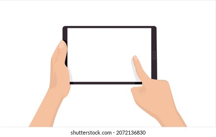 Tablet In Hand Flat Illustration. Hand Holding Black Tablet And Touching Tablet Screen. Man Holding Tab Smartphone. Online Payment By Table Computer Holding In Hand. Tablet In Male Hands. Ipad In Hand