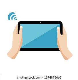 Comprimido en la mano, gadget. Ilustración plana. Se puede usar en infografías, como iconos, o para ilustrar cualquier proceso, para decorar banners, folletos.