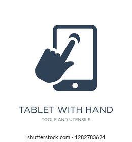 tablet with hand icon vector on white background, tablet with hand trendy filled icons from Tools and utensils collection, tablet with hand vector illustration
