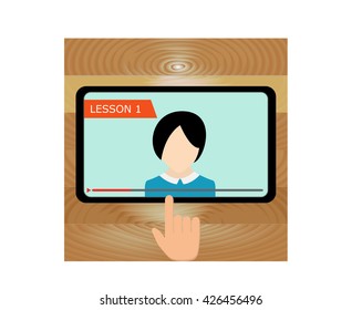 Tablet with a hand on the background of a wooden table, on screen girl. The concept of video lessons, online learning. Vector illustration flat style