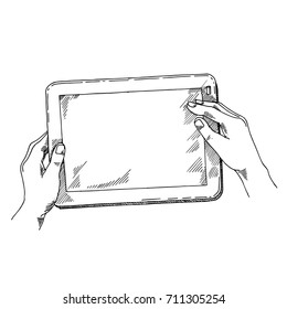 Tablet in hand, sketch illustration