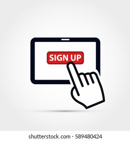 Tablet with hand tapping on sign up button -vector illustration