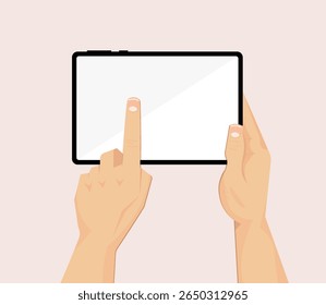 Tablet with hand touch. Flat design showing gesture interaction with screen on digital device. Vector user interface concept.