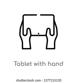 tablet with hand vector line icon. Simple element illustration. tablet with hand outline icon from tools and utensils concept. Can be used for web and mobile