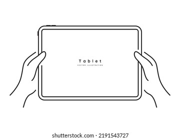 Tablet and hand vector line illustration