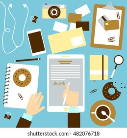 Tablet with hand writing a signature by pen. Top table view home finance illustration.