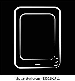 Tablet hand-drawn in white outline on a black  background. Stock vector illustration. Settings. Icon. Sketch. Symbol.