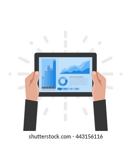 The tablet in the hands of a businessman with statistical data presented in the form of digital graphs and charts. Financial analysis, statistics. Vector illustration, flat design. Statistics concept.