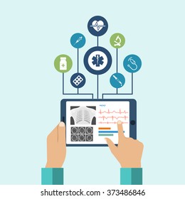 The tablet in hands of doctor. Innovative technologies in medicine. The modern doctor. Tablet computer with virtual interface, icons medical. Vector illustration, flat design.