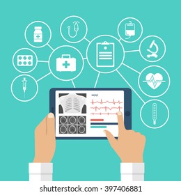 The tablet in hands of doctor. Innovative technologies in medicine. The modern doctor. Tablet computer with virtual interface, icons medical. Vector illustration, flat design.