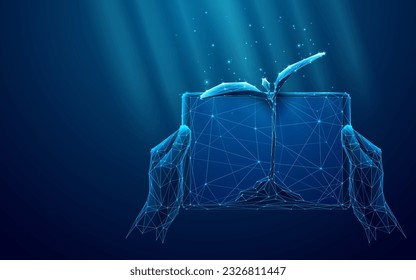 Comprimido en las manos y Sprout en crecimiento. Resumen De Concepto De Agricultura Inteligente. Ilustración de vectores de alambre de popa baja con efecto 3D sobre fondo azul oscuro. Puntos conectados y triángulos como Starry Sky.