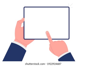 Comprimido en manos. Comprimido sujetador a mano y pantalla táctil. Tragedia por tu diseño. Vector.