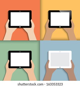 tablet in hands. icons in color. vector. eps10