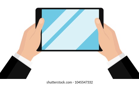 Tablet in hands isolated on white background. Man's hand holding a  tablet in hand. Realistic template. Simple design cartoon icon and logo. Flat style vector illustration.