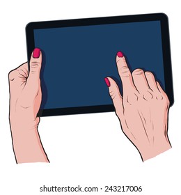 Tablet with hands isolated on white, hand drawn, vector illustration