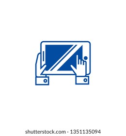 Tablet in hands line icon concept. Tablet in hands flat  vector symbol, sign, outline illustration.