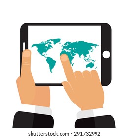 The tablet in the hands of a map of the earth