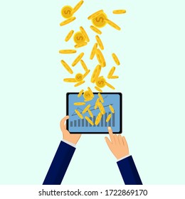 Manos de tableta y dinero, ideas para ganar dinero en línea, cómo jugar acciones