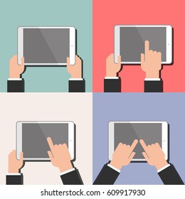 A tablet in the hands. Navigation, use. Vector flat