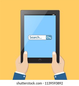 Tablet in the hands and search on tablet screen, stock vector illustration