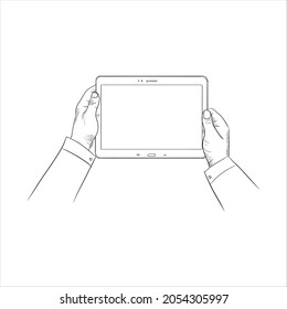 Tablet with hands sketch drawing illustration. Hand holding a tab mobile in sketch. Hand touching on tab screen in sketch illustration. 