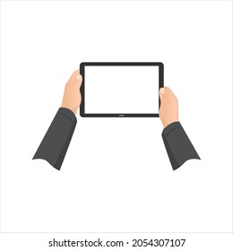 Tablette mit Hand, Vektorgrafik-Skizze zeichnen. Hand halten Sie eine Tab Handy in der Abbildung. Handgriff auf Tab-Bildschirm in Vektorgrafik. 