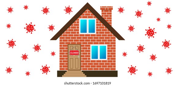La tableta "cerrada" cuelga en la puerta del edificio. Coronavirus, ha sido puesto en cuarentena. Ilustración vectorial.