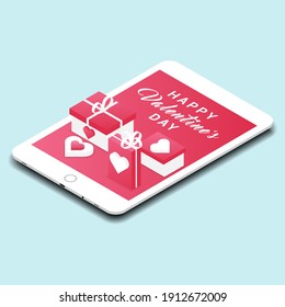 Tablet with "happy valentine's day" text and 4 different gift boxes. vector illustration in isometric style. valentine's day virtual gift concept 