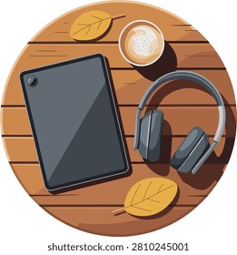Tablet headphones and coffee cup on wooden table with autumn leaves
