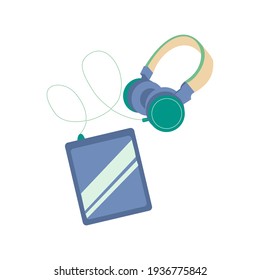 Tablet and headphones flat vector isolated icon on white background