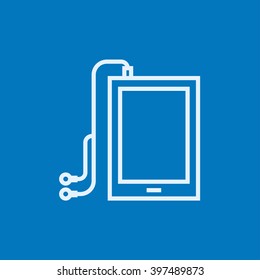 Tablet with headphones line icon.