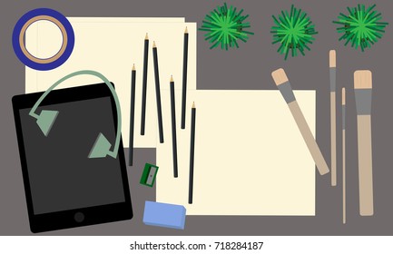 Tablet, headphones and paper sheets on table. Top view e-learning concept illustration vector.
